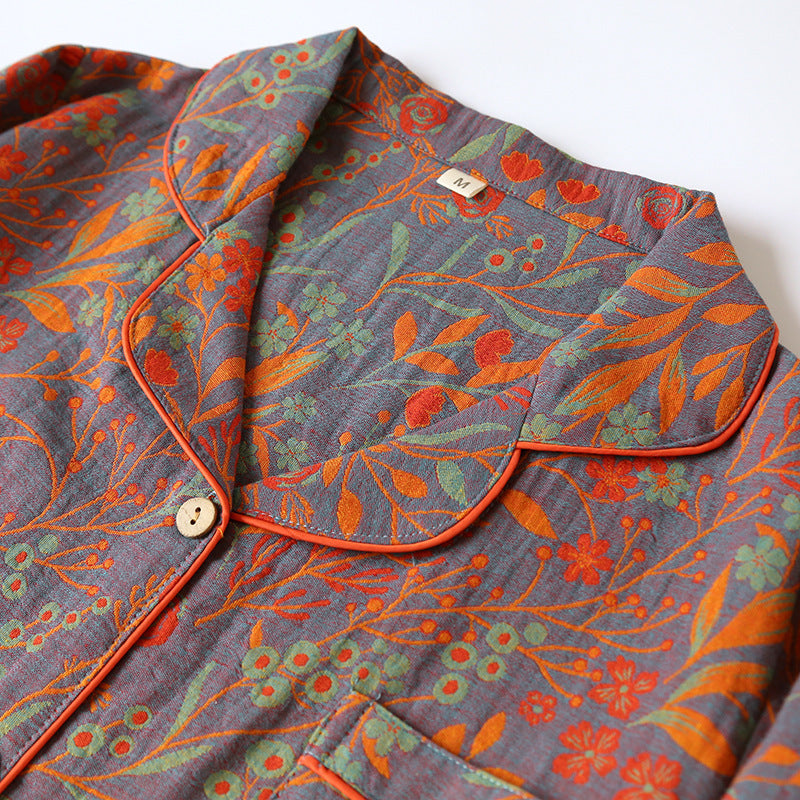 Cotton Yarn-dyed Jacquard Vintage Leaf Pajamas Suit Women
