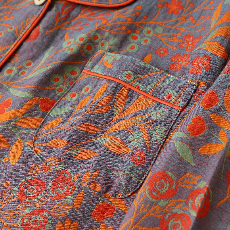 Cotton Yarn-dyed Jacquard Vintage Leaf Pajamas Suit Women