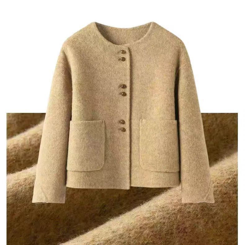 Korean Style Temperament Crew Neck Woolen Coat