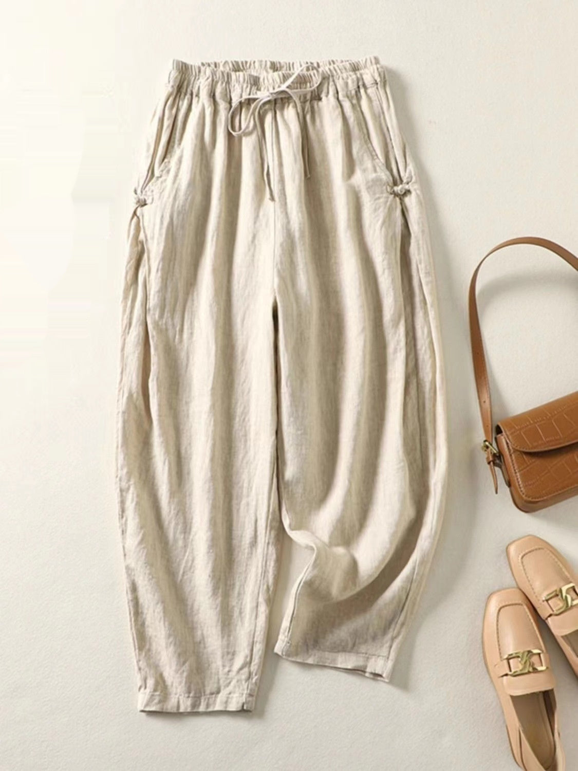 Cotton Cropped Pants Loose Thin Buckle High Waist Lace Up Casual Harem Pants