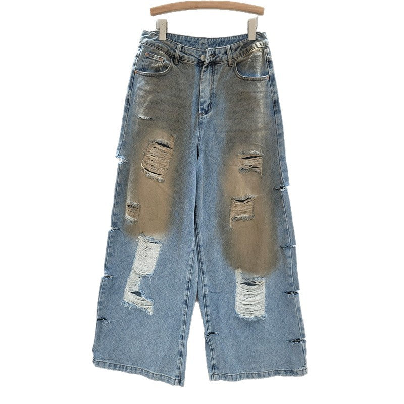 Retro Washed And Worn Loose Hole Wide Leg Mopping Hot Girl Jeans For Women