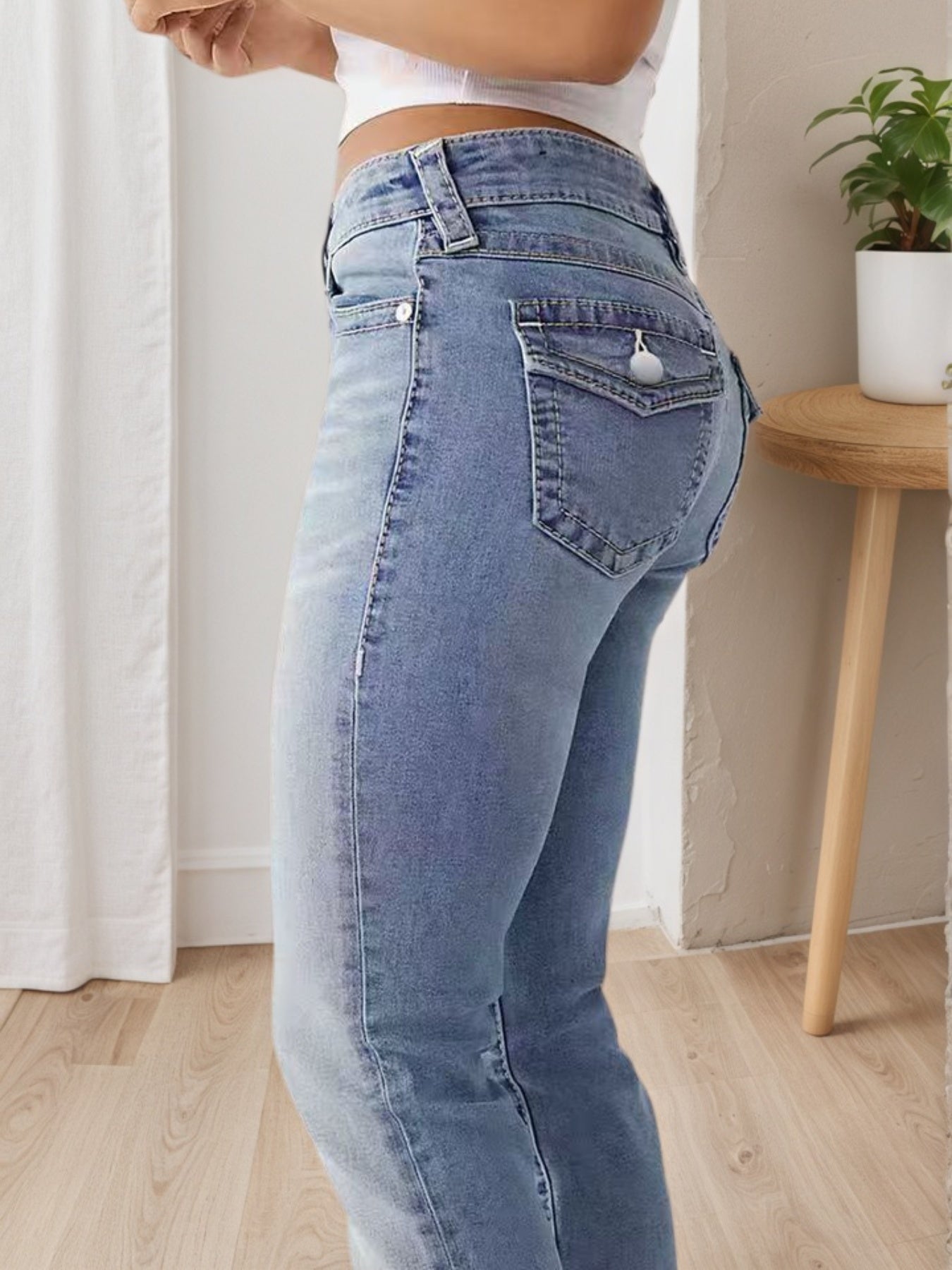 Women's High Waisted Elastic Slim Fit Wide Leg Jeans - Retro Washed Light Blue, All Season Casual Pants, Built-in Zipper, Machine Washable, Multifunctional, Comfortable And Fashionable Clothing