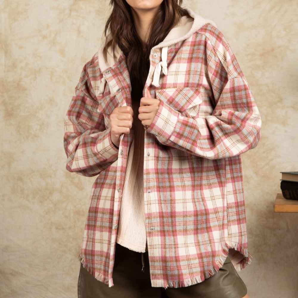 Fashion Hooded Large Pocket Plaid Shirt Coat