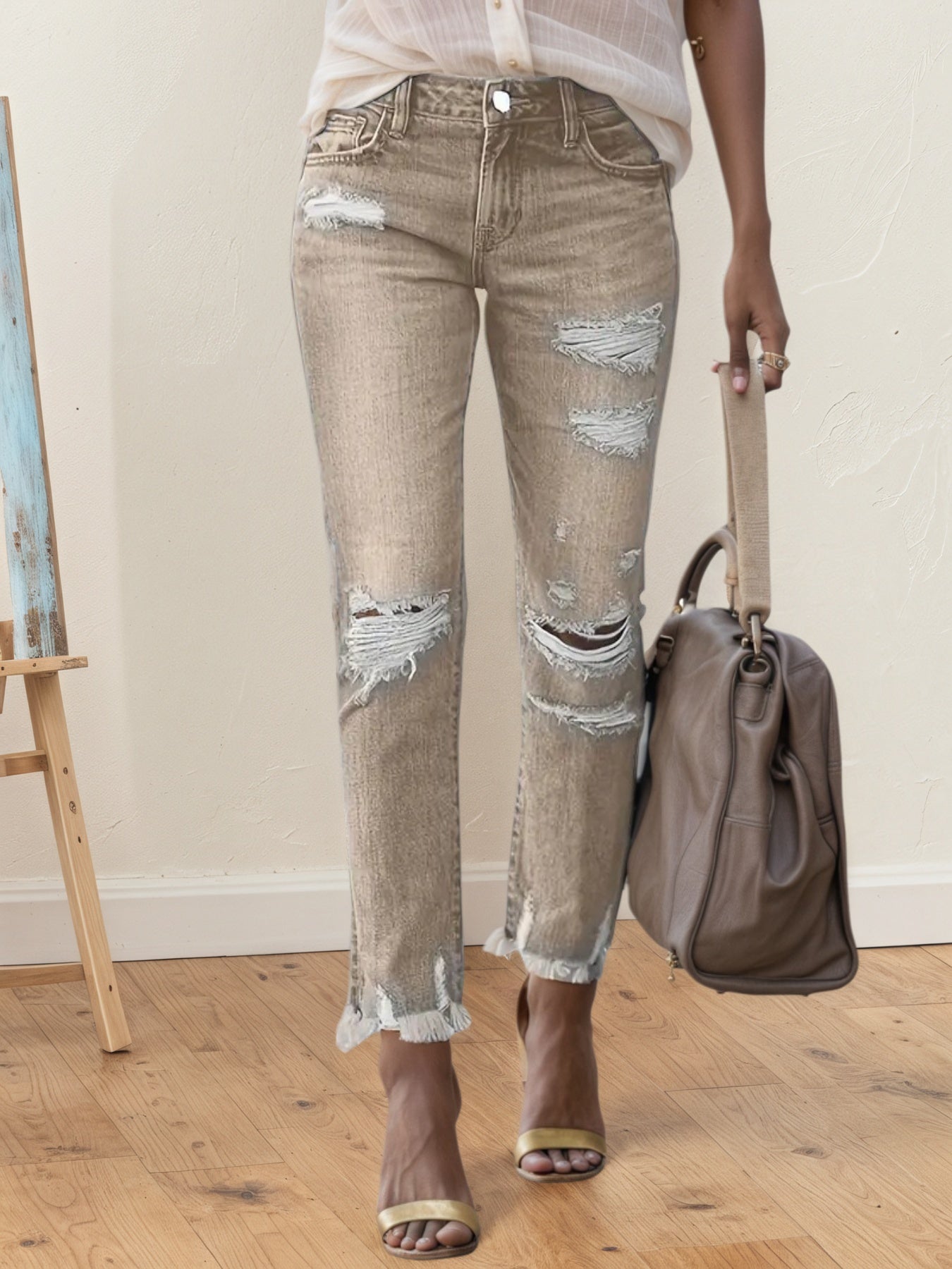 2025 New Women's Fashion Ripped Plus-sized Jeans, Straight And Slim 9-inch Jeans, Retro And Comfortable Jeans, Suitable For All Occasions, Plus-sized Women's Denim Clothing