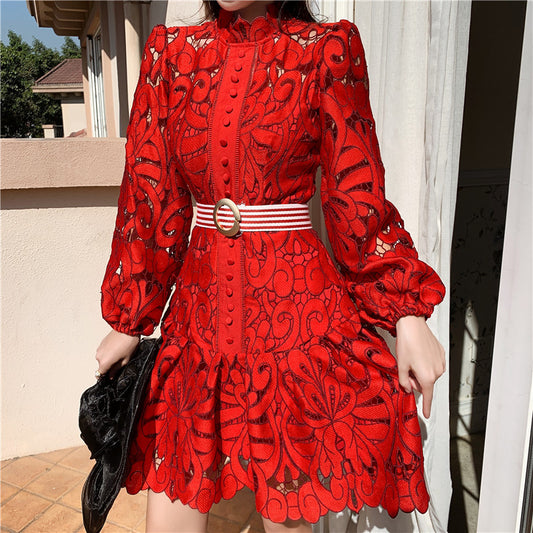 Long Sleeve Court A-Line Skirt Lace Patchwork Belt