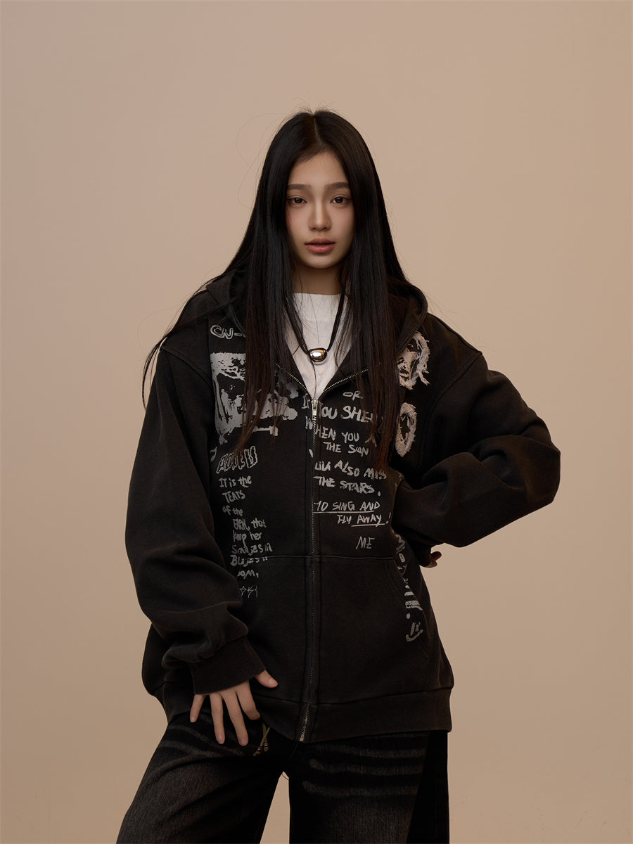 Sweater Women's Letter Printed Black Hooded Zipper Coat