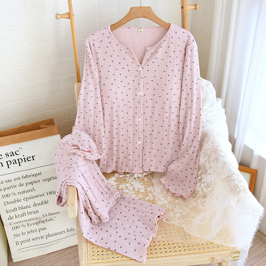 Knitted Sunken Stripe Stretch Chest Pad Long-sleeved Trousers Pajamas Suit