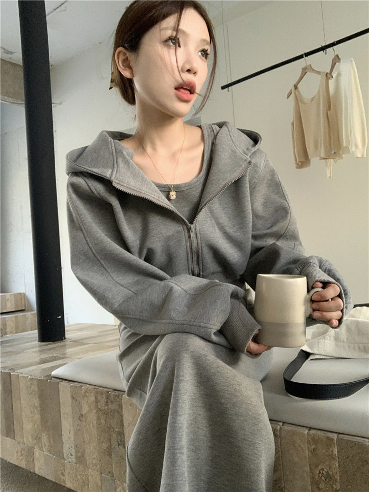 Fashion Retro Melange Gray Casual Women's Hooded Cardigan Coat