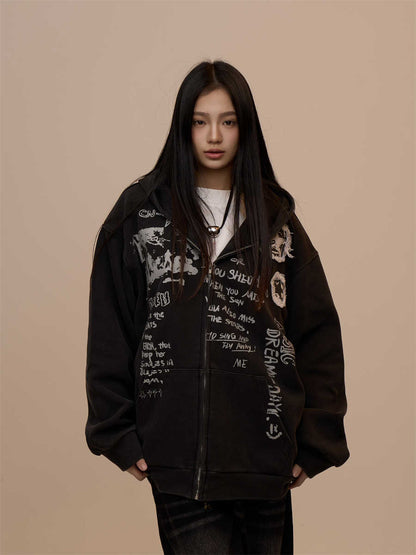 Sweater Women's Letter Printed Black Hooded Zipper Coat