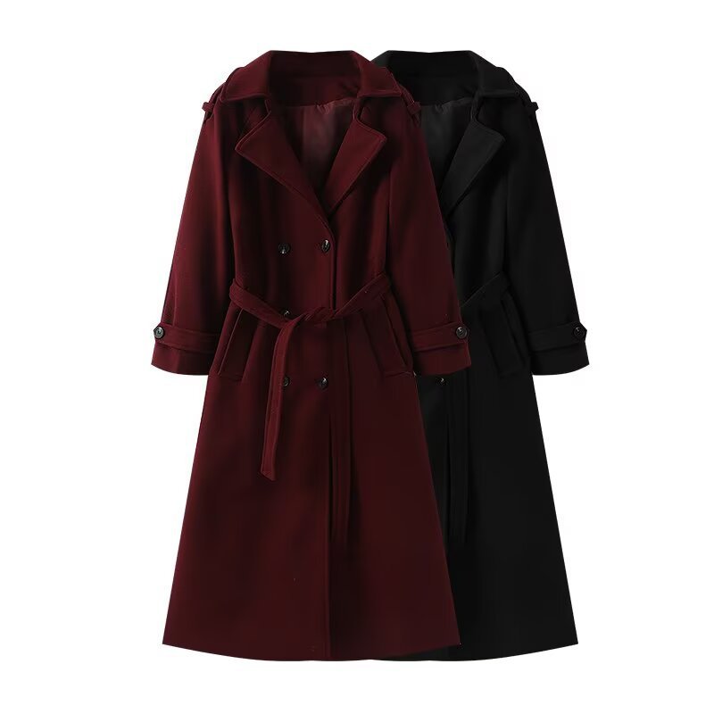 Loose Temperament Double Breasted Length And Width Woolen Coat