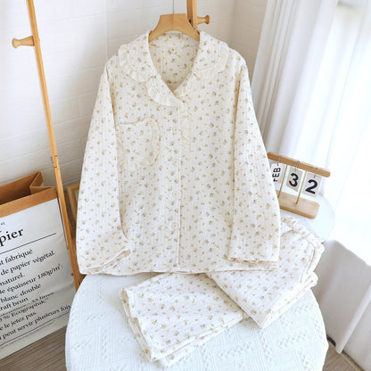 Air Layer Pastoral Floral Lace Lapel Pajamas Suit