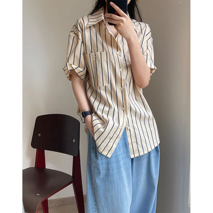 New Literary Retro Lapel Striped Short-sleeved Shirt Loose And Thin