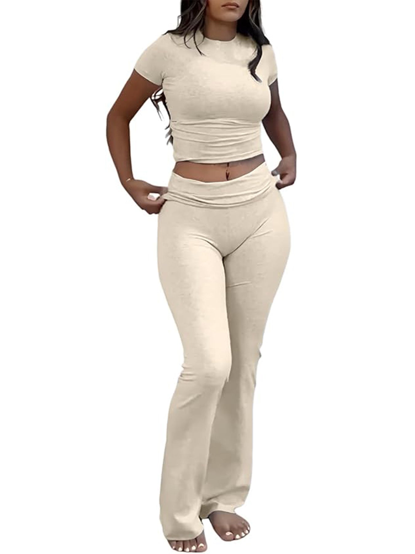 Casual Solid Color Slim Fit Two-piece Pants Set, Short Sleeved Round Neck T-shirt And Tight Flared Pants Sports Pants Clothing, Women's Clothing