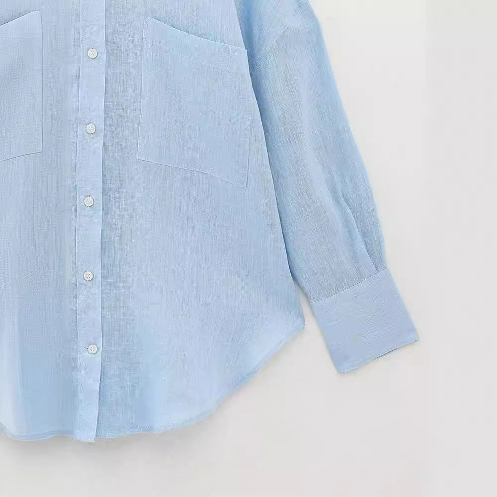 Women's Fashion Long Linen Sleeves Lapel Shirt