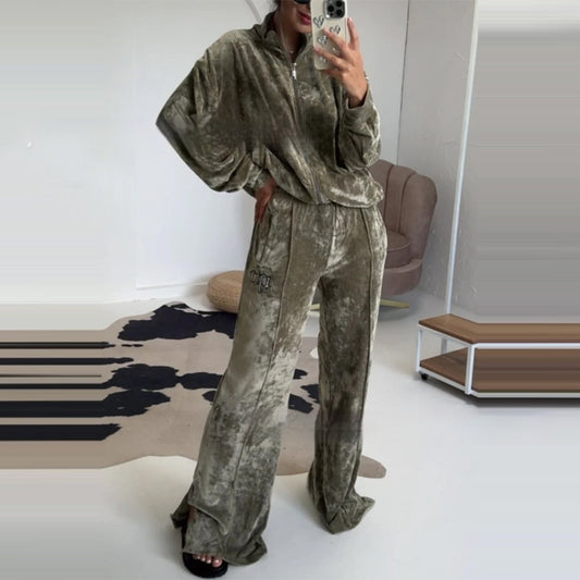 Fashionable New Women's Clothing Gold Velvet Hooded Top And Trousers Suit