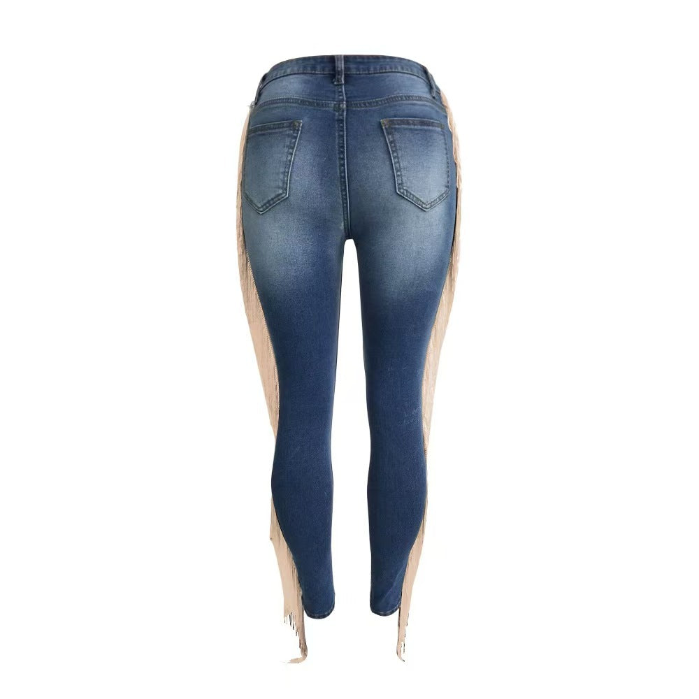 Ladies' Ripped Tassel Jeans, Fashionable And Personalized Street Style Denim Pants, Pencil Pants, And Leggings