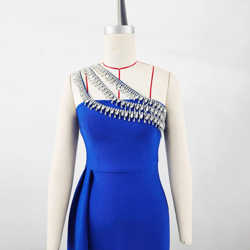 High-end Women's Slant-shoulder Diamond Evening Dress