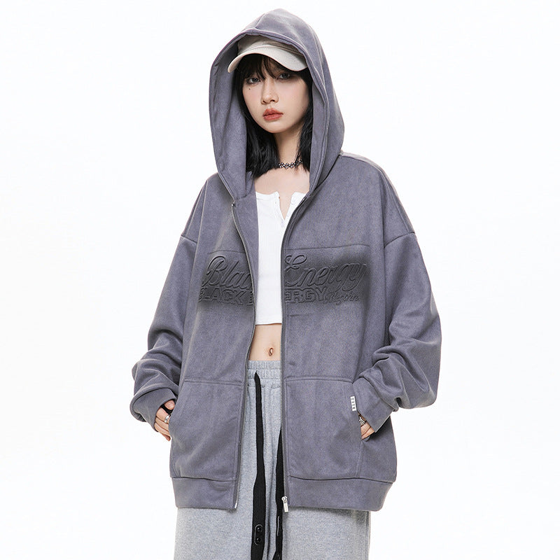 Stylish and comfortable suede hooded coat for women.