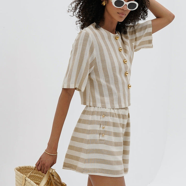 Short Sleeve Striped Shirt And Shorts Suit