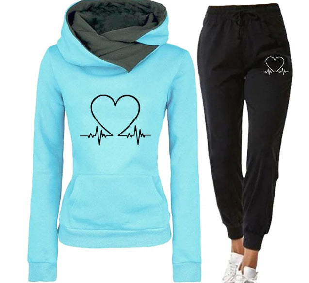 Love Heart Printed Sports Suit Hooded Sweatshirt Top And Drawstring Pants Fashion Casual Clothing For Women