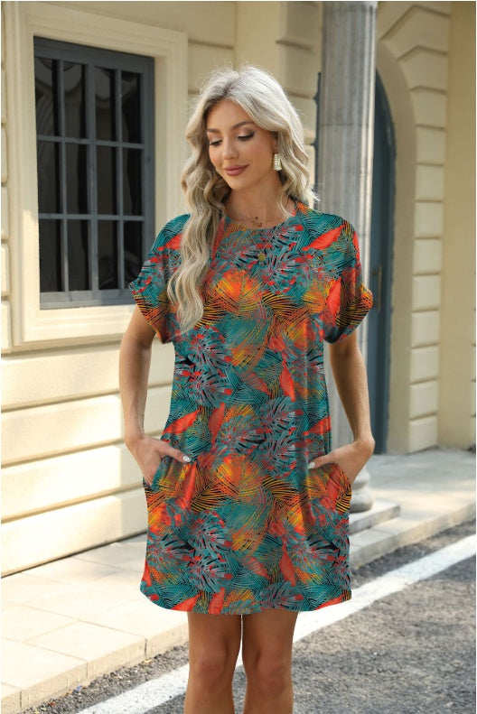 Loose Crew Neck Short Sleeve Printed Pocket Dress