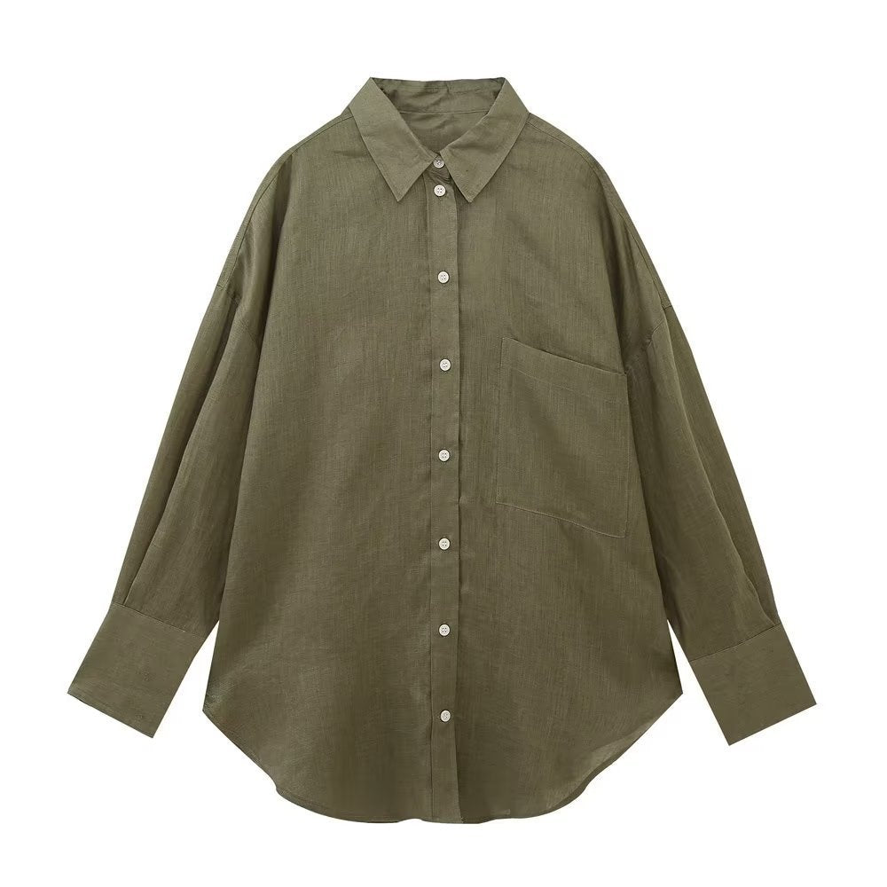 Women's Fashion Long Linen Sleeves Lapel Shirt