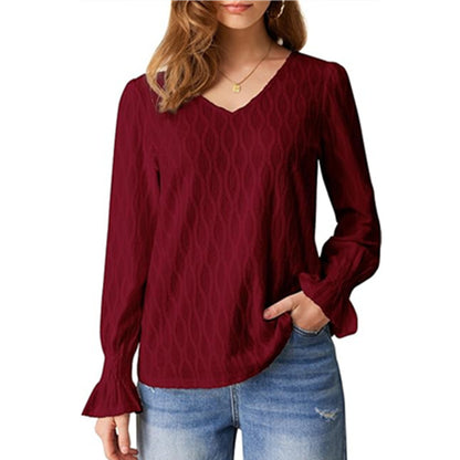 Fashion V-neck Long Sleeve Smocking T-shirt Top Women's Clothing