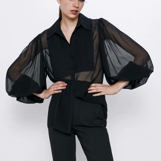 Women's shirt with slim lapel straight sleeve lantern sleeve