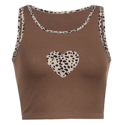 Patchwork Brown Cute Tops Women Leopard Heart Sexy Tank Top