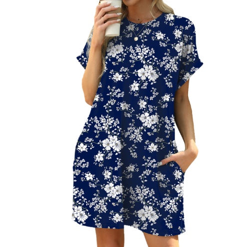 Loose Crew Neck Short Sleeve Printed Pocket Dress