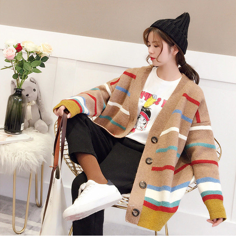 Fashion-forward new rainbow striped cardigan sweater for women, ideal for casual wear. 