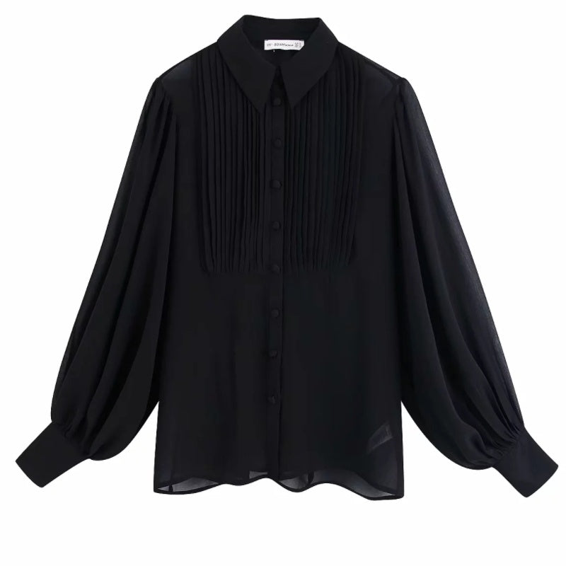 Women's shirt with slim lapel straight sleeve lantern sleeve