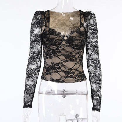 Lace Long-sleeved Fashionable Sexy Black Waistband V-neck Shirt