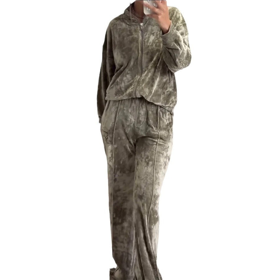 Fashionable New Women's Clothing Gold Velvet Hooded Top And Trousers Suit