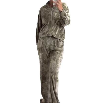 Fashionable New Women's Clothing Gold Velvet Hooded Top And Trousers Suit