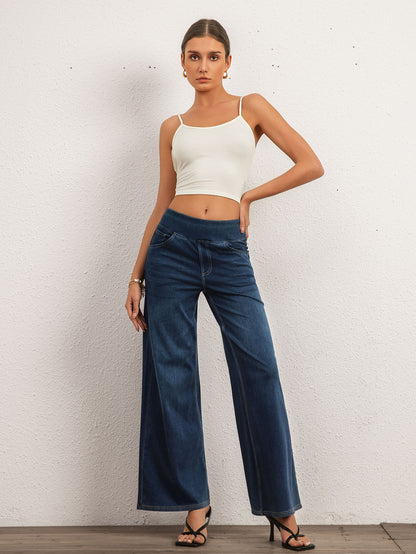 Shascullfites Mid Waist Wide Leg Jeans For Women Stretch Dark Blue Denim Casual Loose Fit Full Length Trousers With Pockets