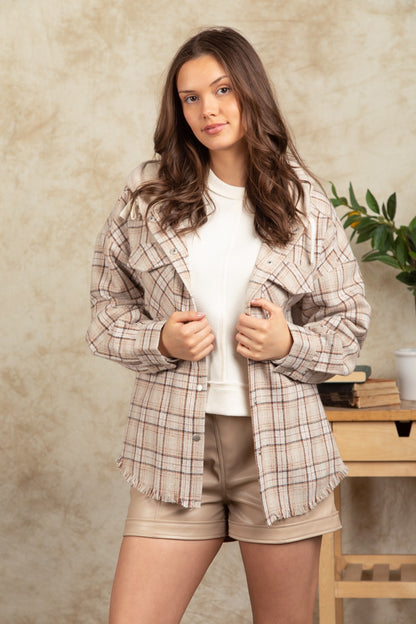 Fashion Hooded Large Pocket Plaid Shirt Coat