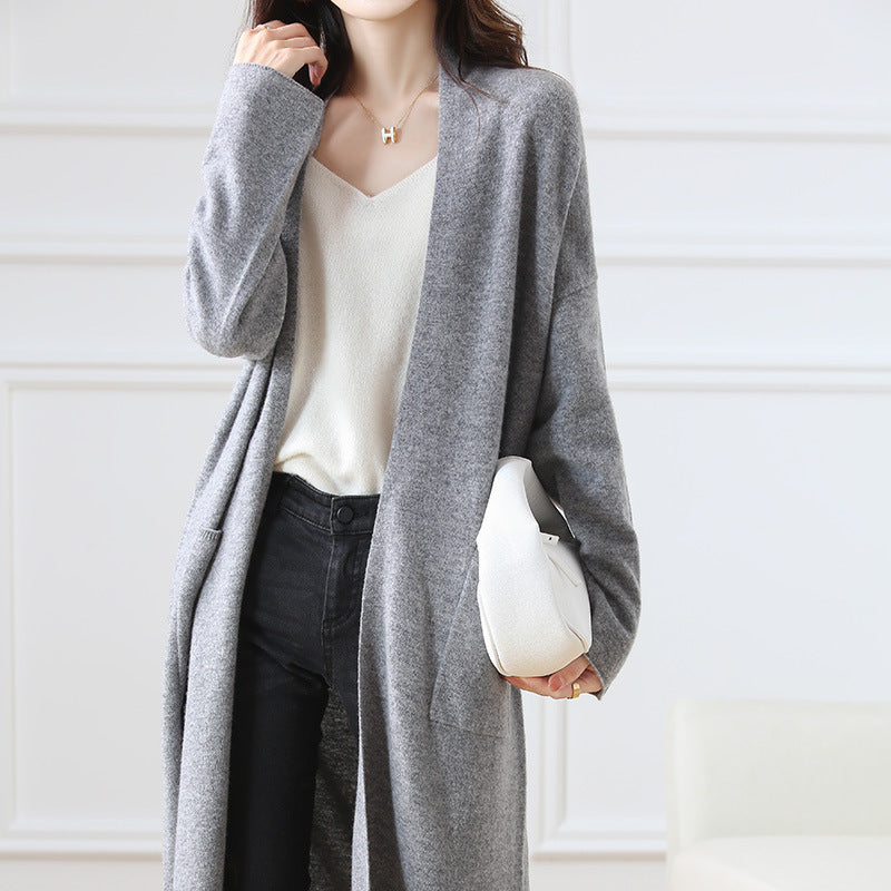 Cozy super long wool knit cardigan for women, perfect for layering. 