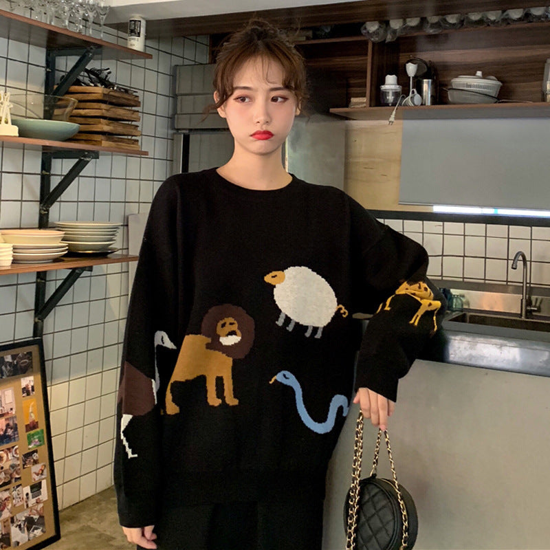 Korean version of the net red black jacquard sweater