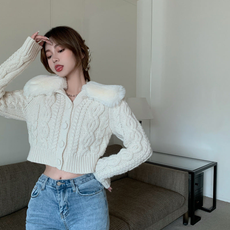 Fashionable half-length women's sweater with a detachable fur collar, perfect for layering.