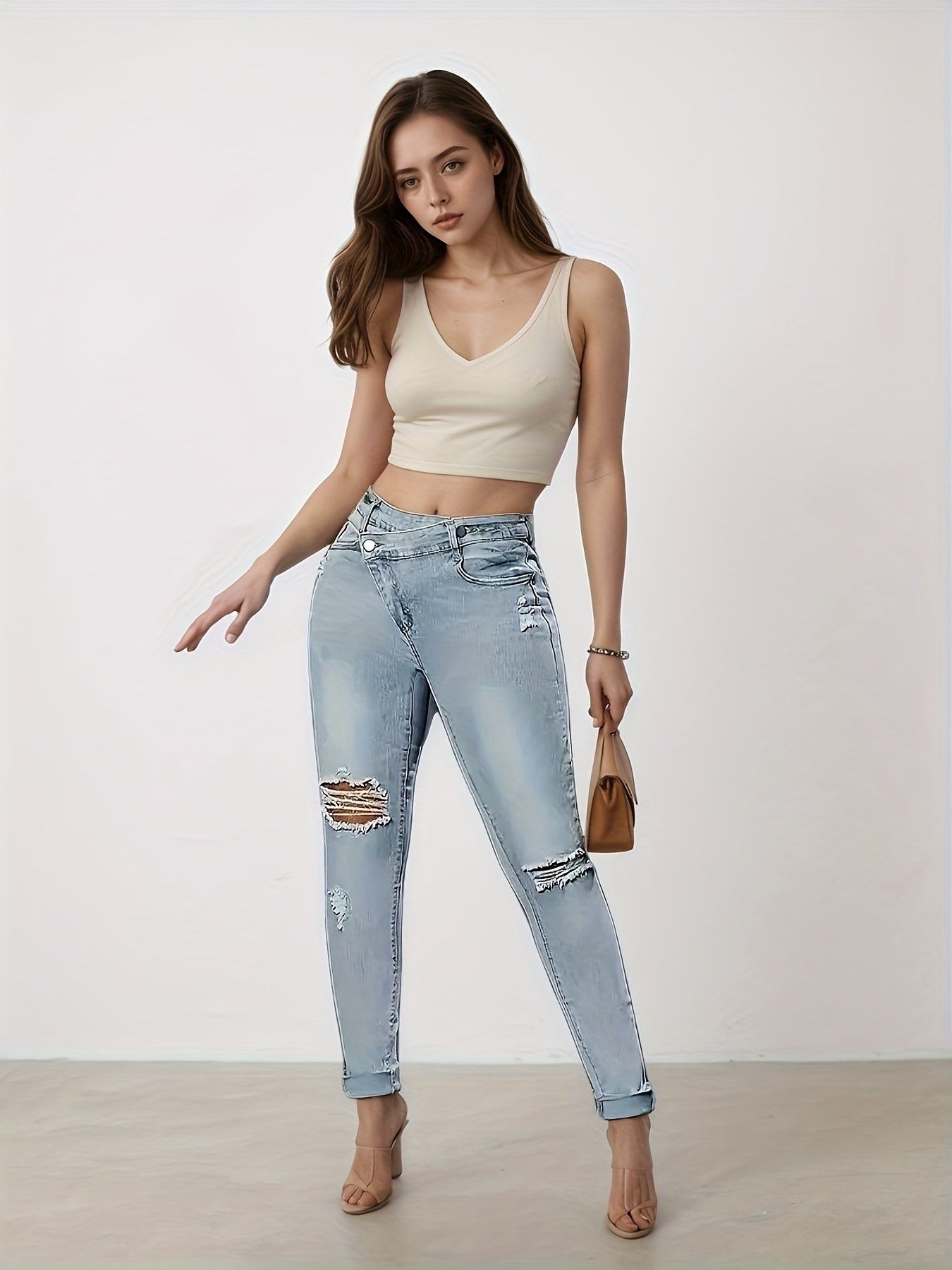 Tear Washed Denim Jeans, Women's Slim Fit Small Foot Design Slim Fit Denim Leggings, Equipped With A Beautiful Waist Belt