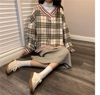 Student Wear Plaid Coat Loose Sweater Women