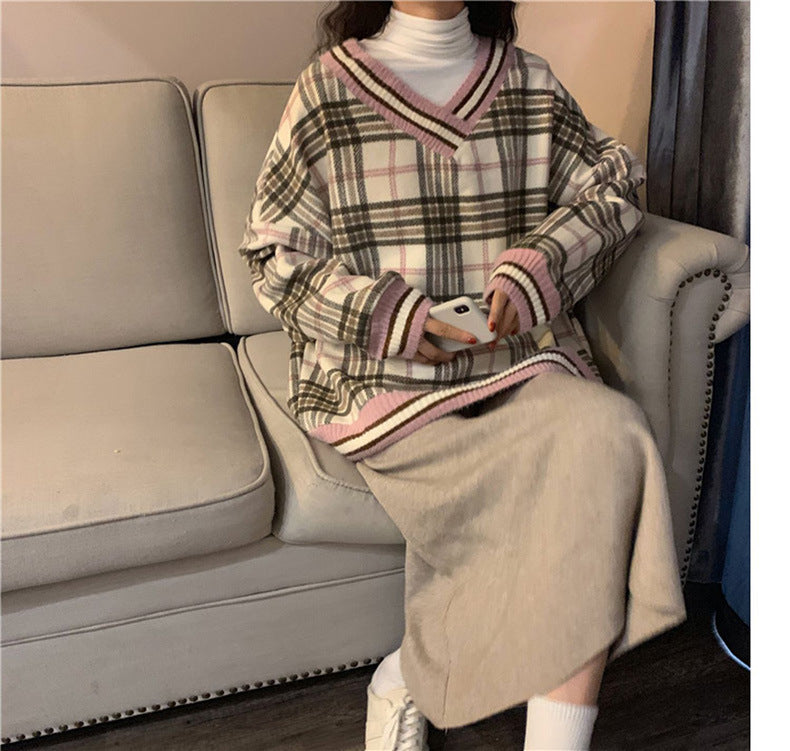 Student Wear Plaid Coat Loose Sweater Women