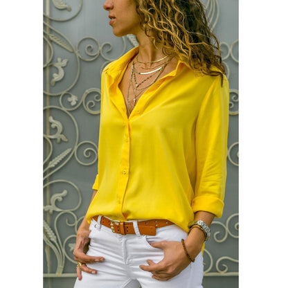 New Women's Solid Color Deep V Button Women's Long Sleeved Shirt