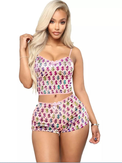 Fashion Printed Velvet Sexy Shorts Pajamas Ladies Suit