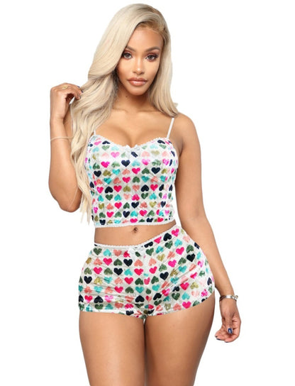 Fashion Printed Velvet Sexy Shorts Pajamas Ladies Suit