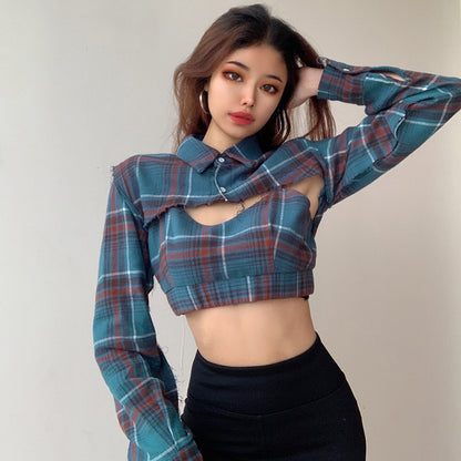 Checked Short Navel Two-piece Shirt