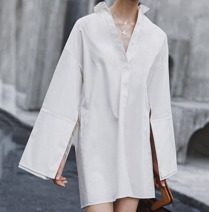 Loose Shirt Dress Women Lapel Collar Side Split Long Sleeve Summer Dresses