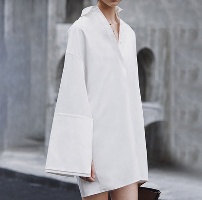 Loose Shirt Dress Women Lapel Collar Side Split Long Sleeve Summer Dresses