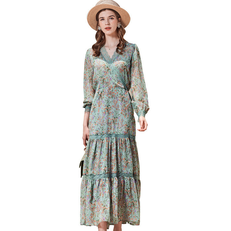 Wear Hangzhou Silk Women''s Wear  Printed Lace V-neck Silk Dress Wholesale